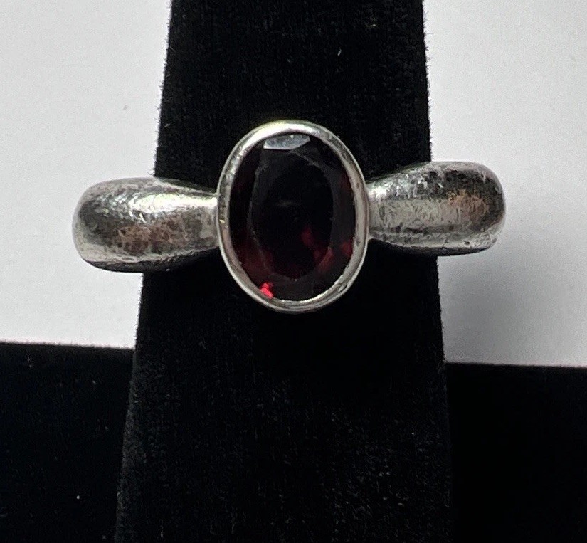 MCM Modernist Abstract Brutalist Ring Sterling Silver Faceted Garnet Size 7ish