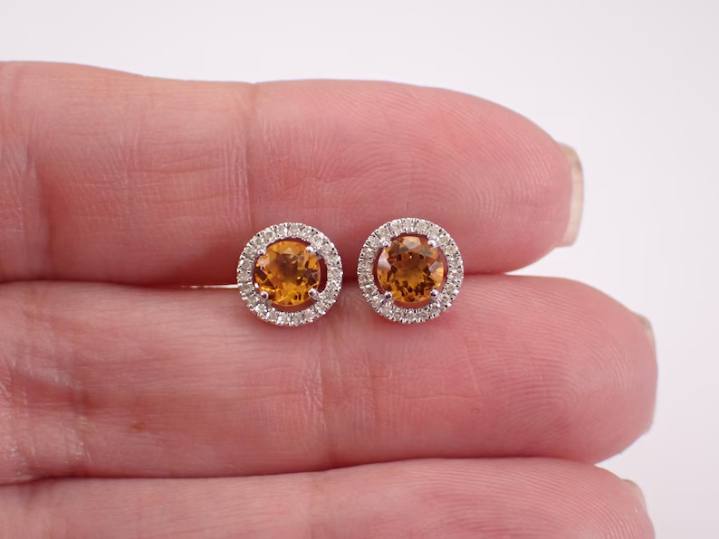 1.60Ct Round Cut Lab-Created Citrine Women’s Stud Earrings 14K White Gold Plated