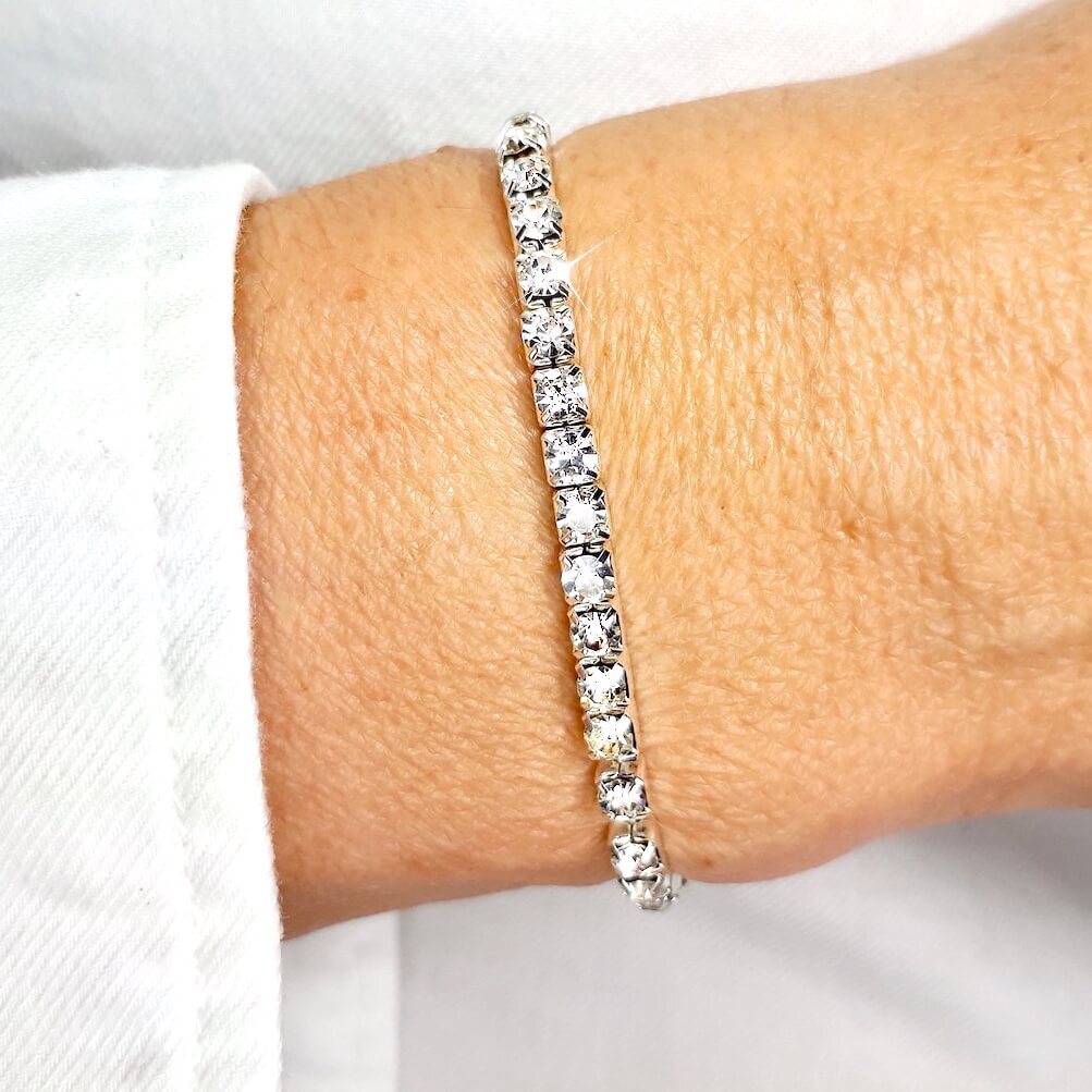 Women Sparkle Silver Crystal Elasticated Stretchy Bracelet 1 2 Rows S M L Bling