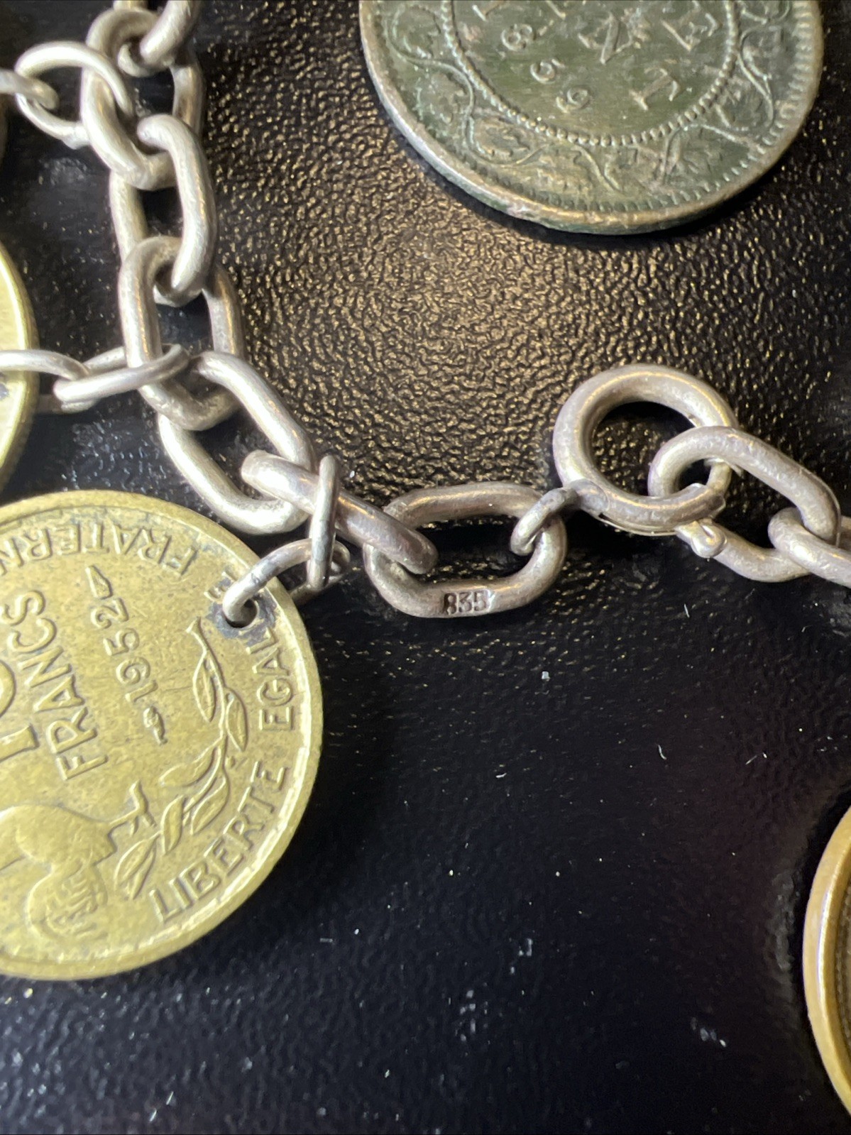 Vintage 835 Continental Silver Coin Charm Bracelet Travel World Coins European