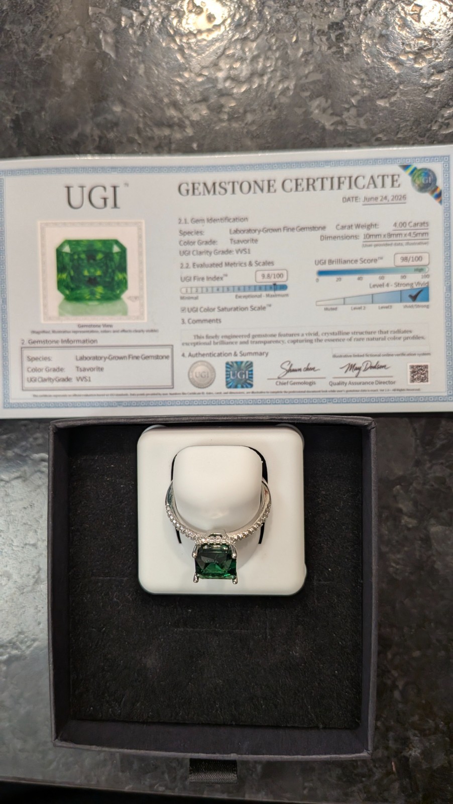 4ct Tsavorite Lab-Grown Gemstone Ring Moissanite Accents, S925 (7/8/8.5/9)