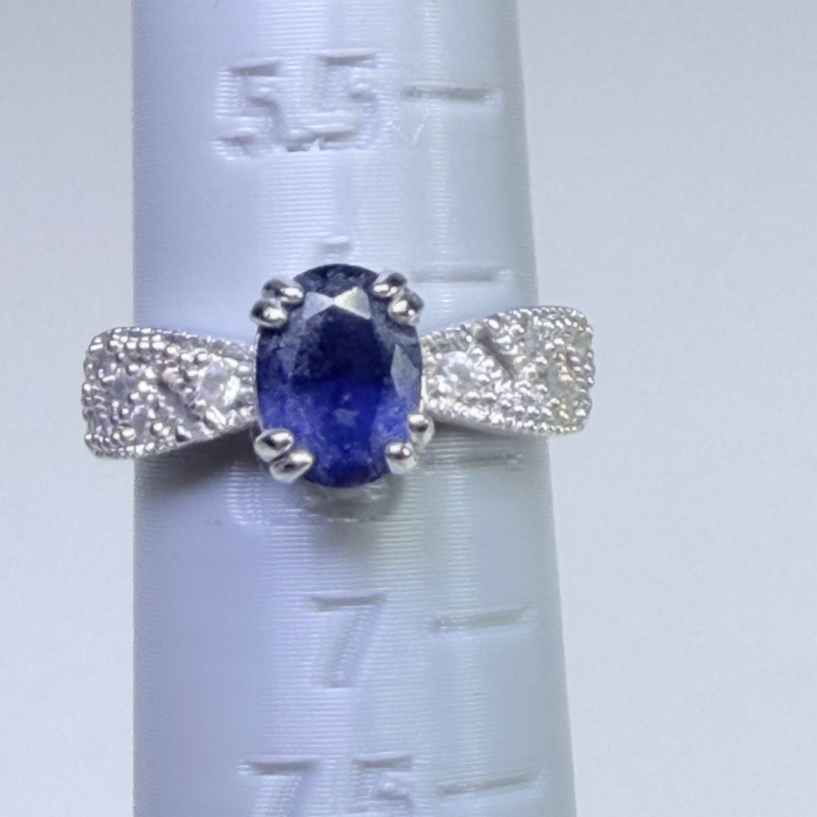 Oval Blue Sapphire Silver Tone Statement Cocktail Ring Size 6.25 Pavé Accents