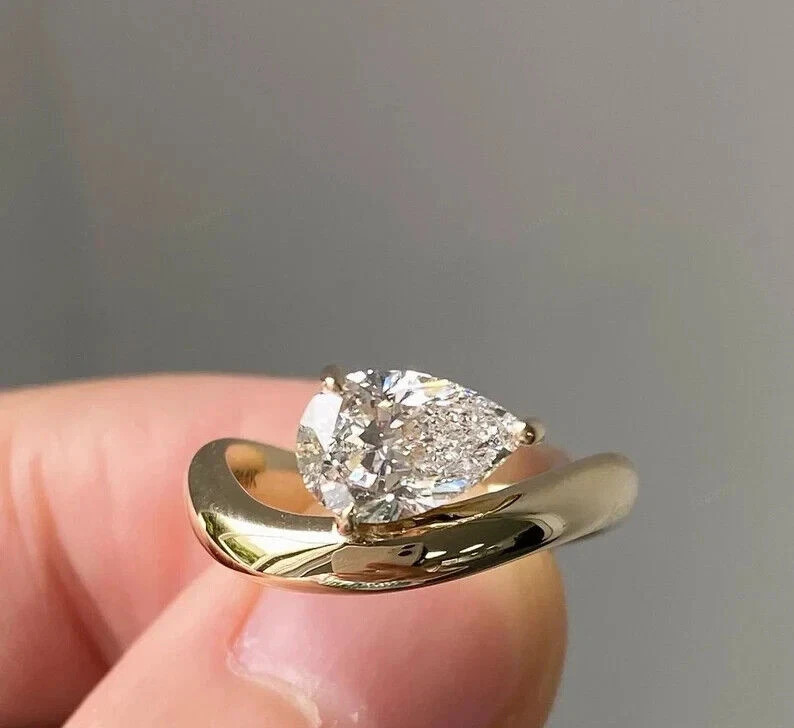 Wedding Ring 14k Yellow Gold Pear Cut Diamond 1 Carat Lab Grown E F VVS CVD IGI