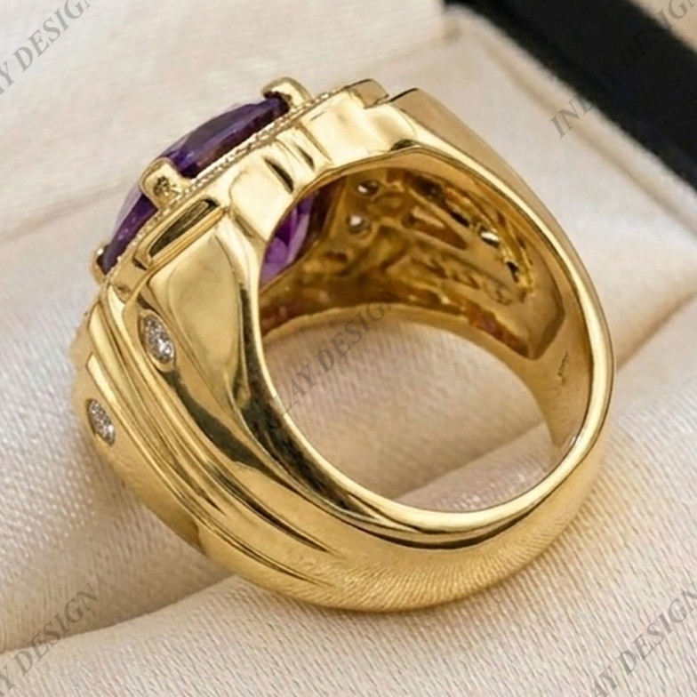 Men’s 925 Silver Signet Ring Purple Natural Amethyst Cushion Shape Gemstone