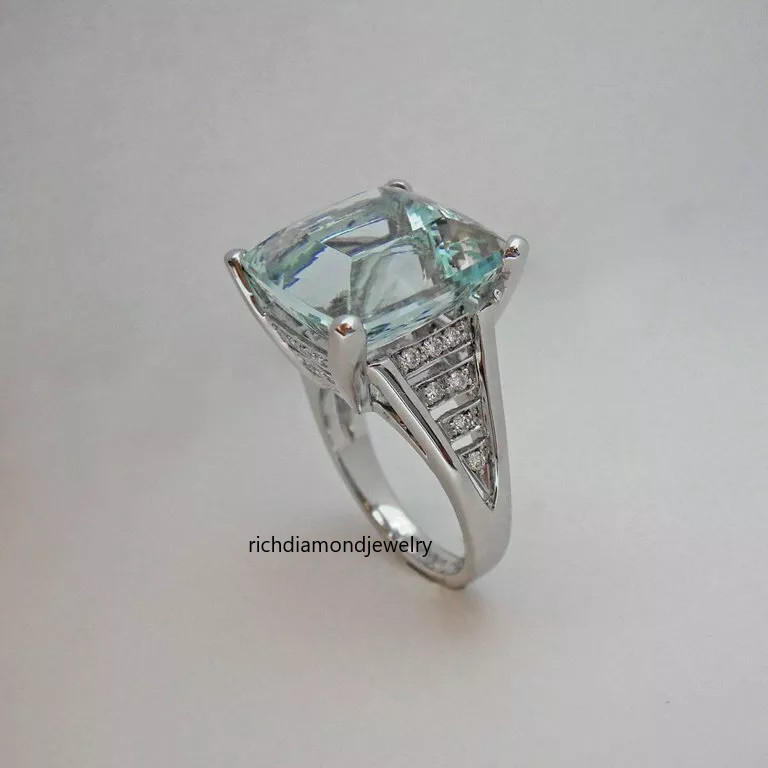 19.89 Carat Square Aquamarine & Crilliant Cut CZ Solitaire 925 Silver Women Ring