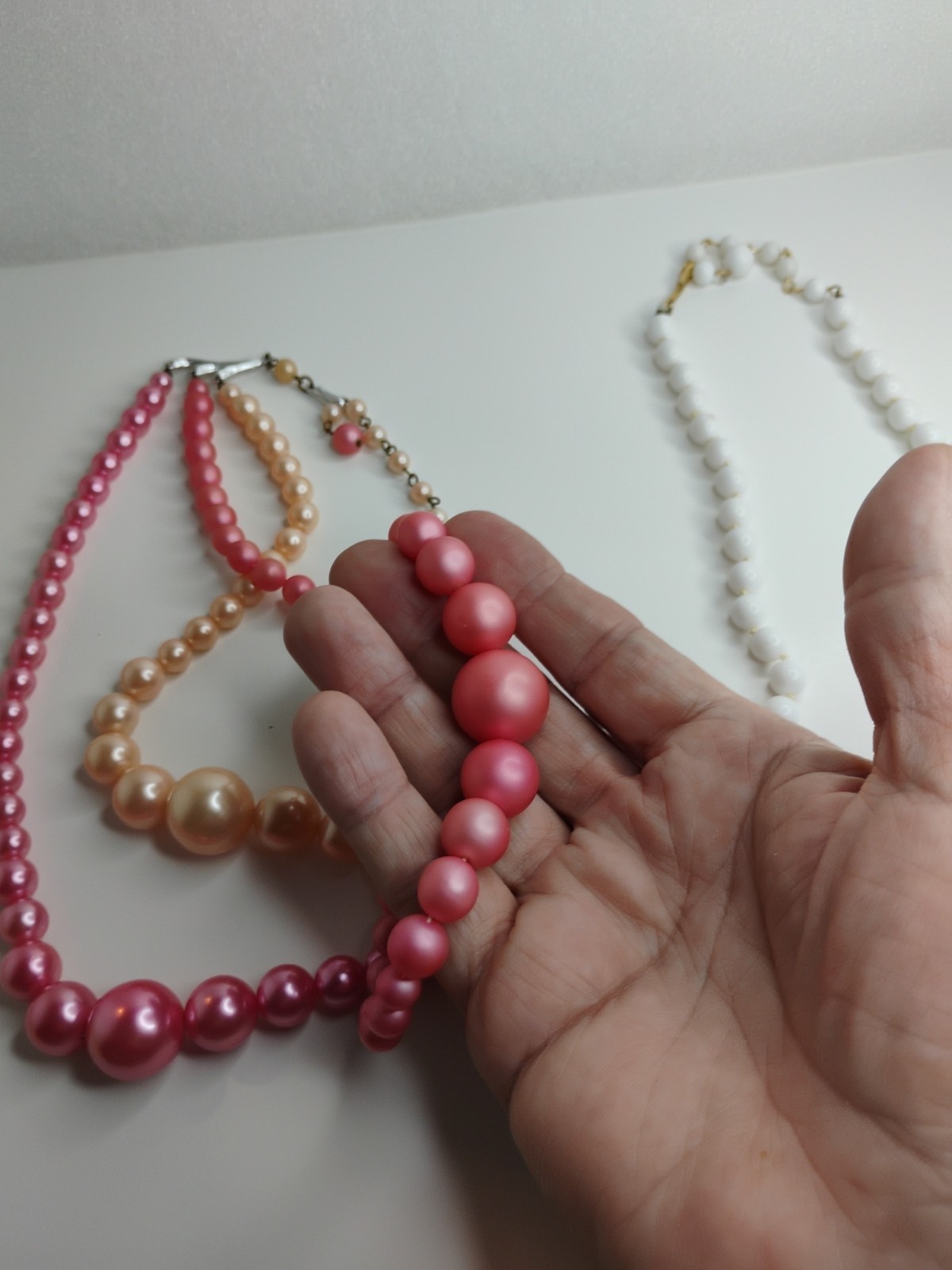 Japan On Clasp Two Necklaces ,Pink And White Faux Pearls, , Vtg