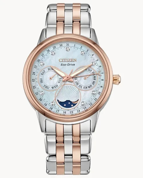 NEW CITIZEN ECO DRIVE WOMEN’S MOON PHASE CALENDRIER DIAMOND WATCH FD0006-56D