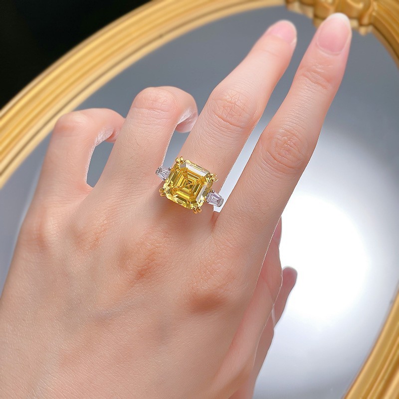9ct Asscher Cut Lab Grown Yellow Diamond Three-Stone Ring, 18K Gold Vermeil