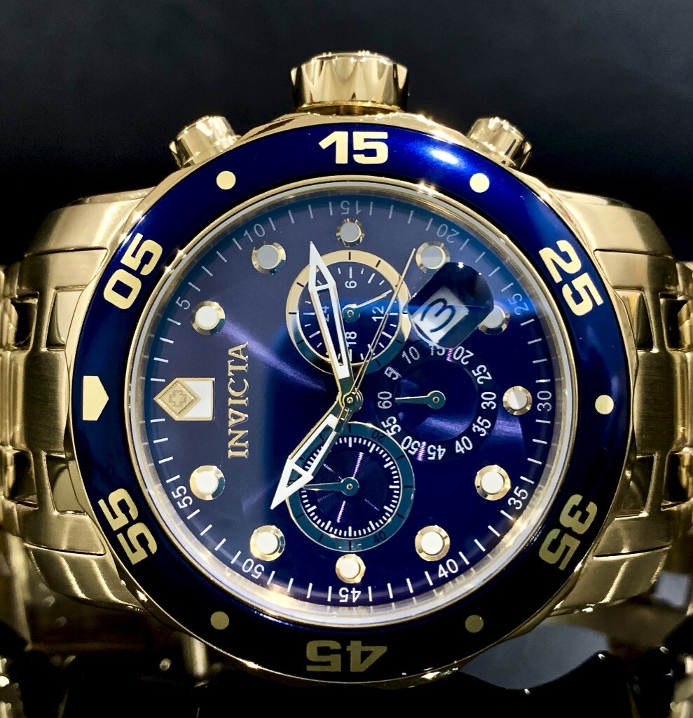 Invicta Mens PRO DIVER SCUBA Chronograph Blue Dial 18Kt Gold Plated Watch 0073