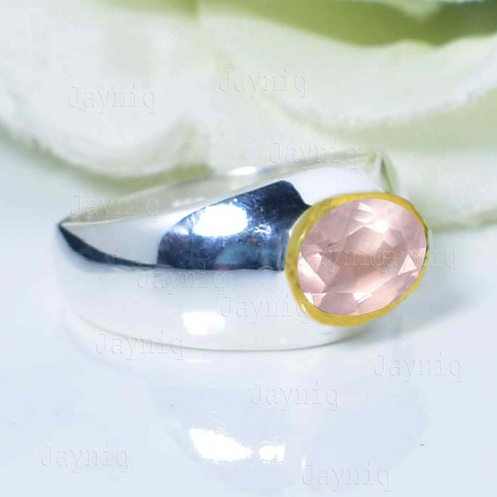 Rose Quartz Gemstone 925 Sterling Silver Handmade Two Tone Finish Ring For Women