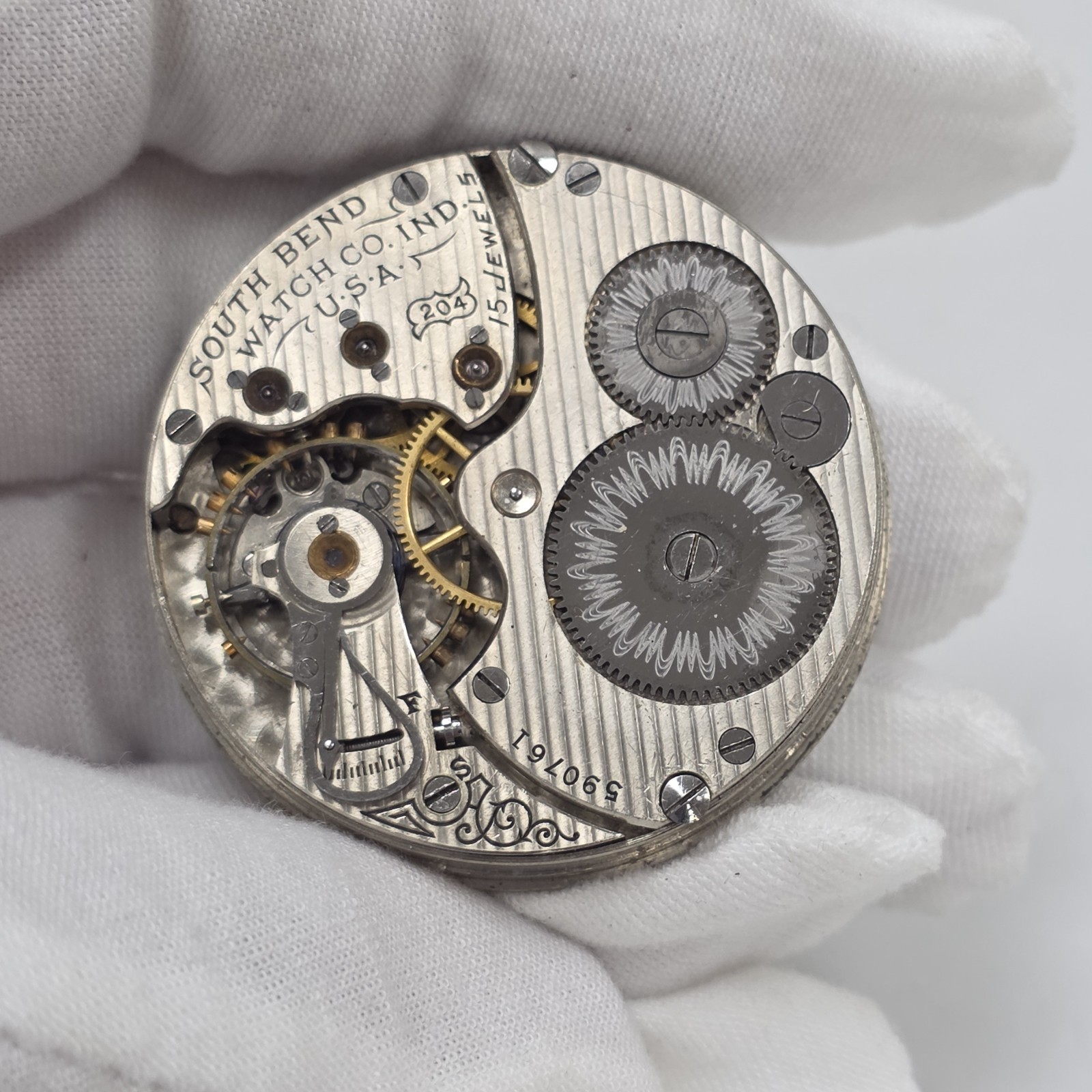 1909 SOUTH BEND 16s 15J Gr. 204 Model 2 Hunting Watch Movement Parts/Repair