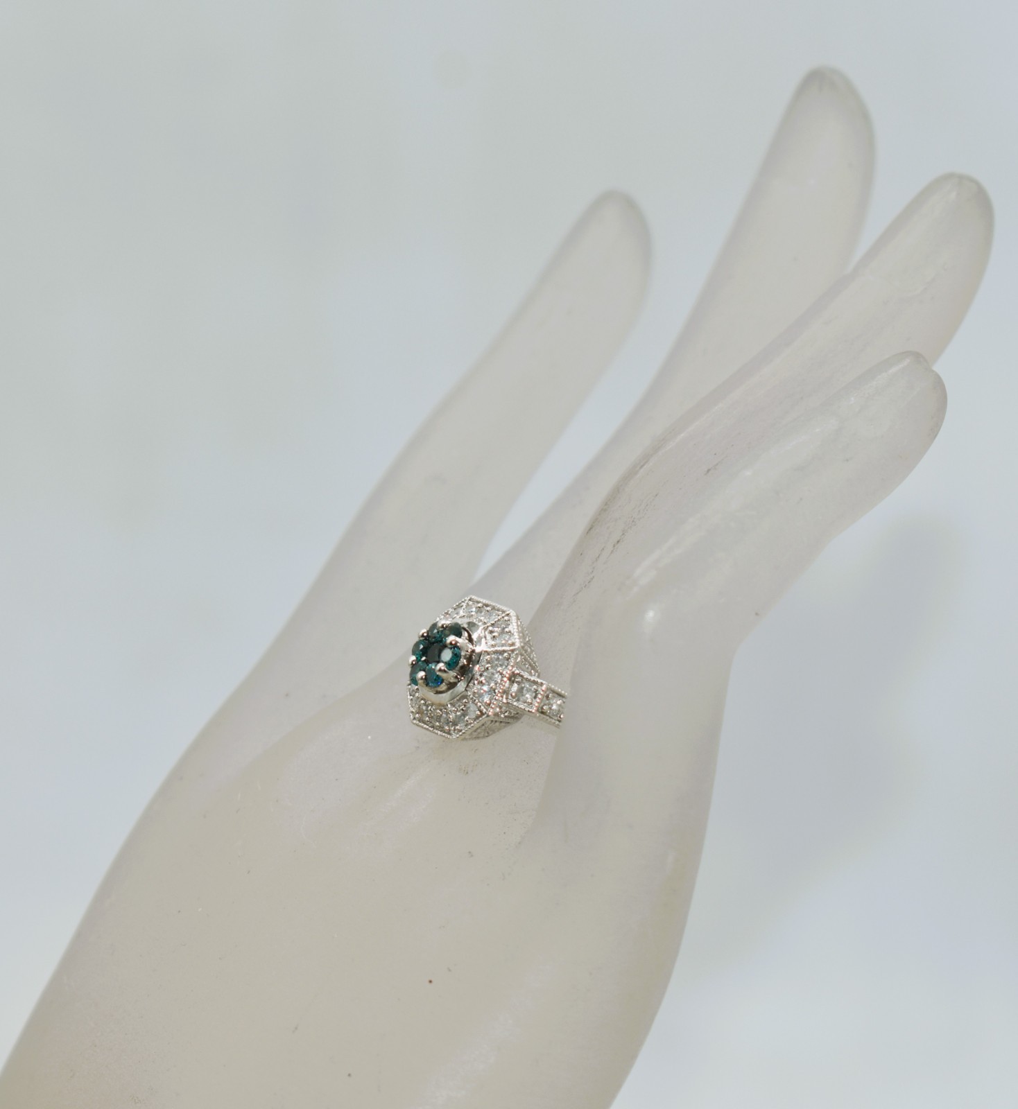 0.57 CT TW Treated Blue & White Diamonds Sterling Silver Halo Ring Size 8-1/4