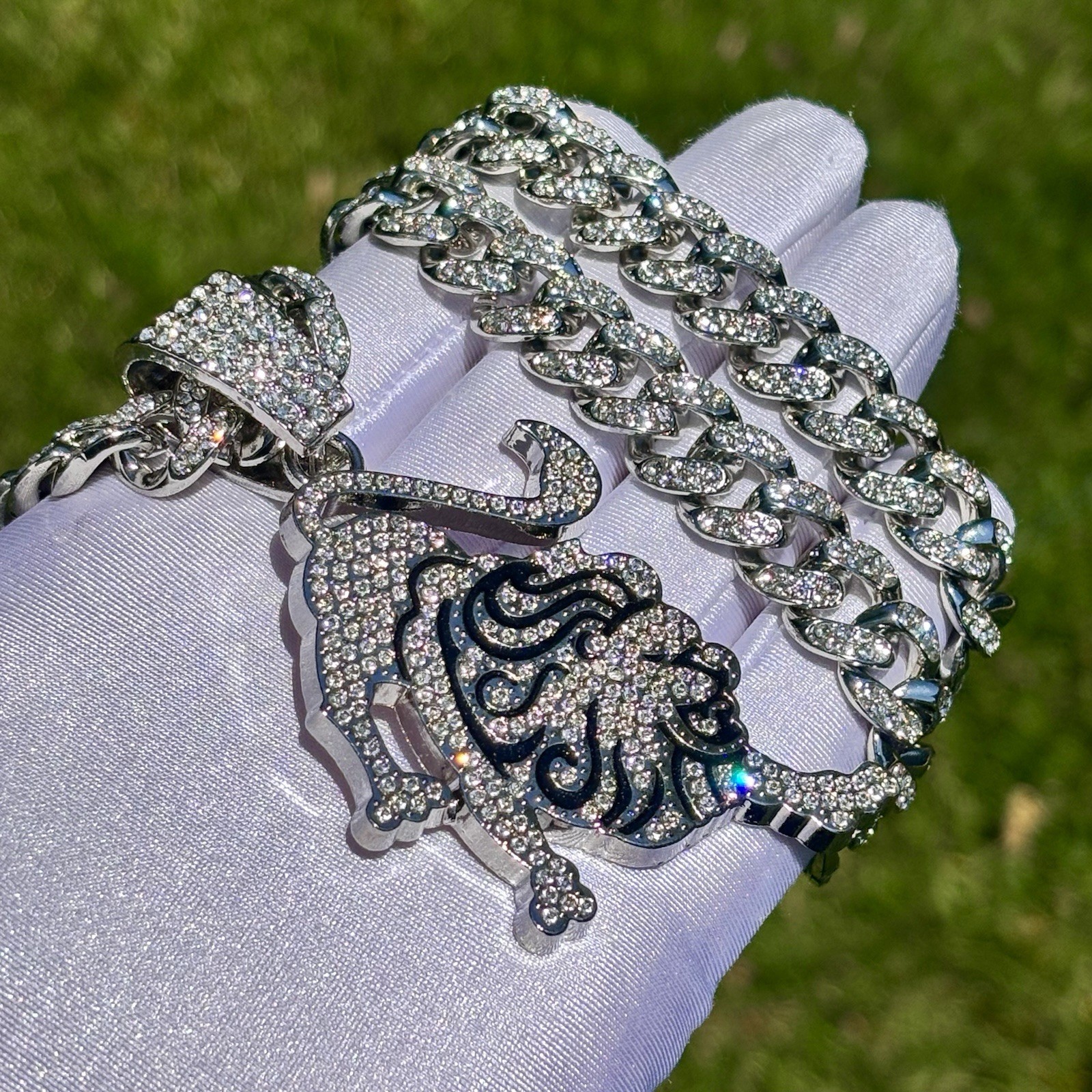 Lion Pendant / Iced out Cuban Link Chain Necklace White Gold Plated
