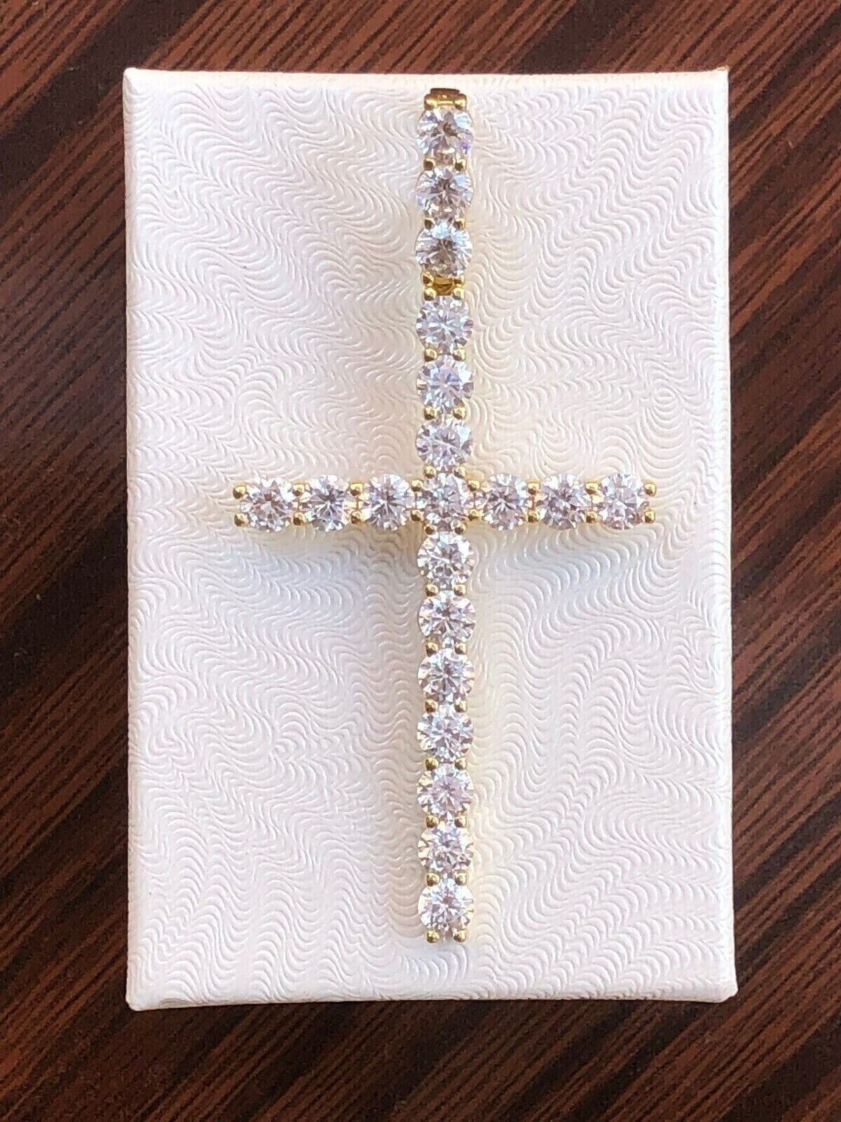 Men 925 Sterling Silver CZ Long Tennis Cross Pendant Gold Cross 1.77″/2.36″