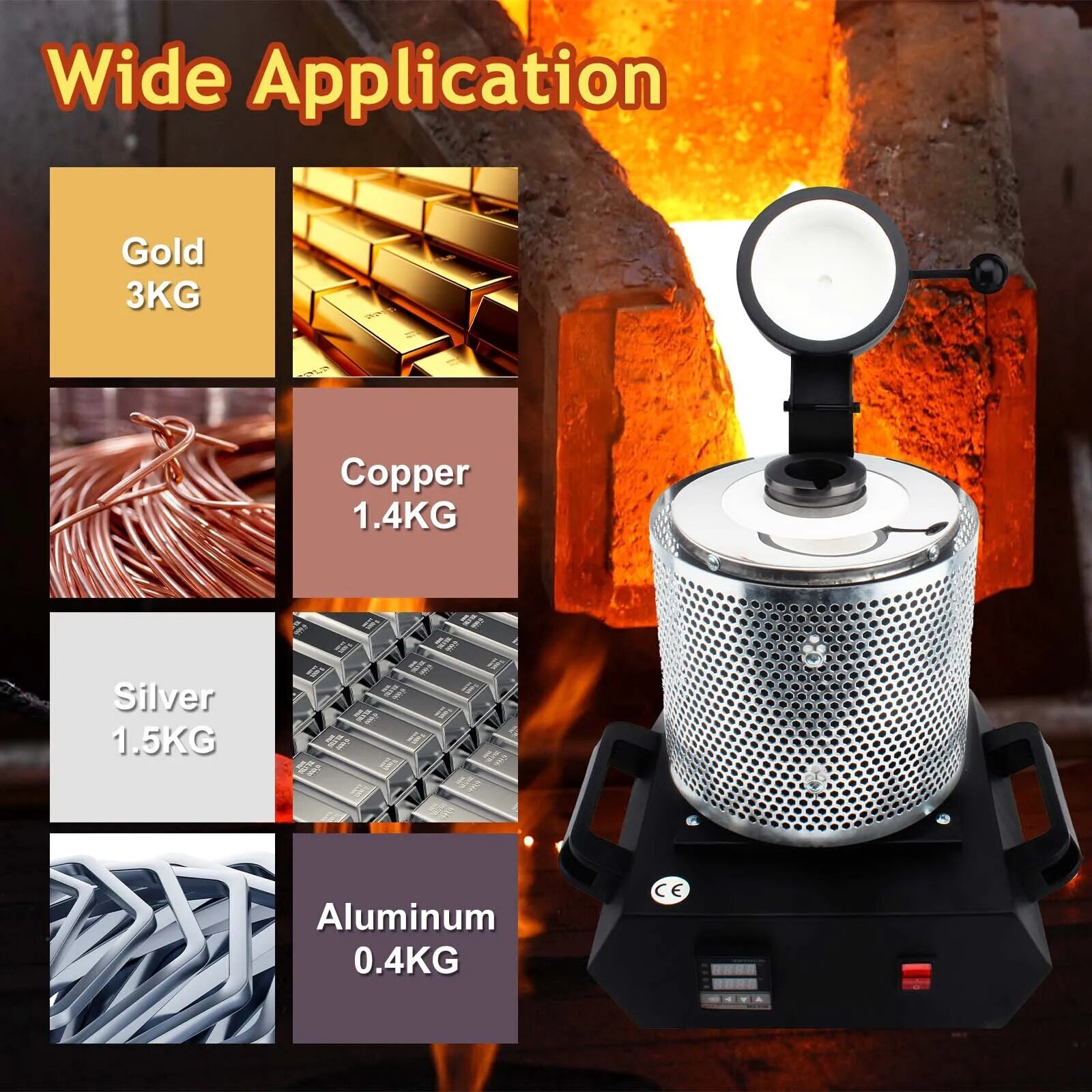 1-3KG 1600W Gold Melting Furnace 1150°C Jewelry Metal Casting