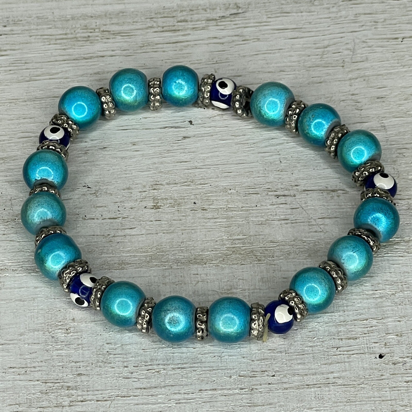 Evil Eye Turkish Bracelet Blue Glass Beads Stretch To Fit Protection