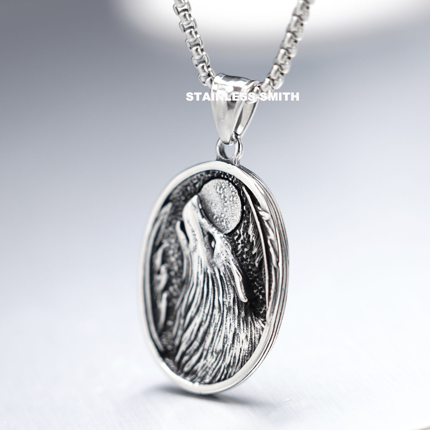 SMITH Stainless Steel Womens Viking Wolf Head Moon Pendant Necklace For Women