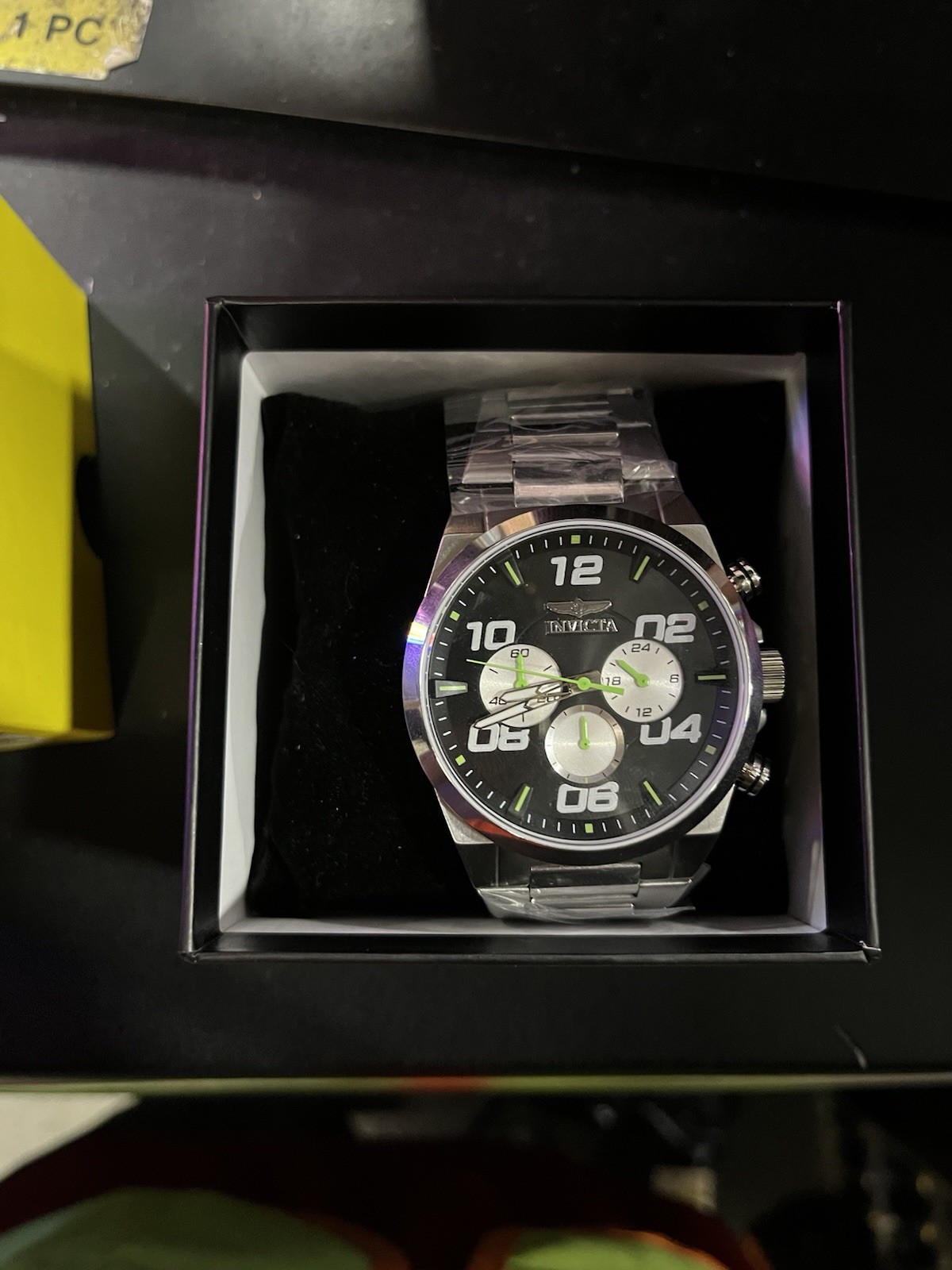 Invicta Speedway verve Chronograph Watch Black Dial lime green accents