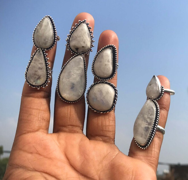 Rainbow Moonstone 925 Silver Plated Designer Rings Lot, Luxury Look Jewelry~