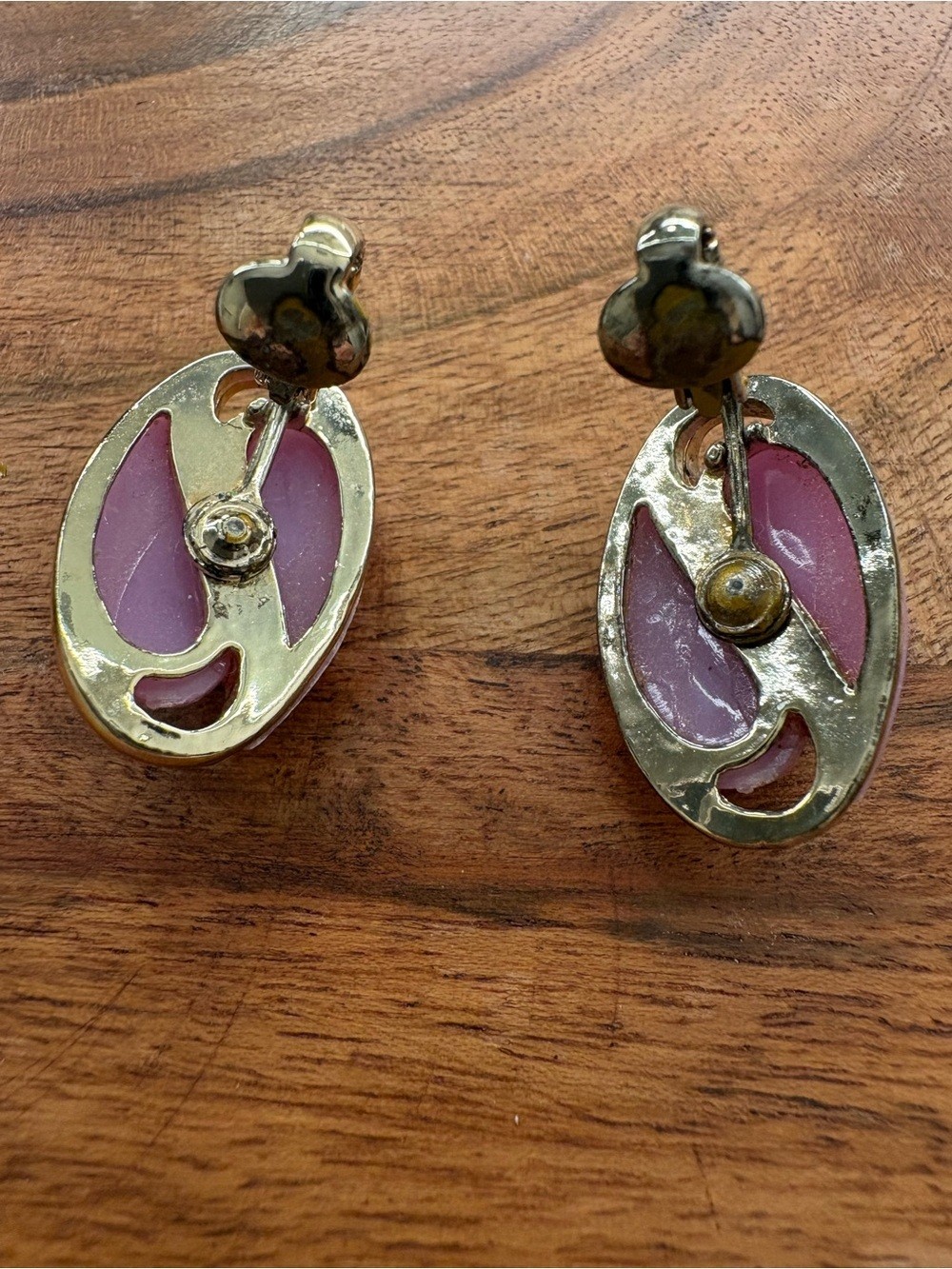 Vintage Pink Enamel and Gold-Tone Oval Clip-On Earrings