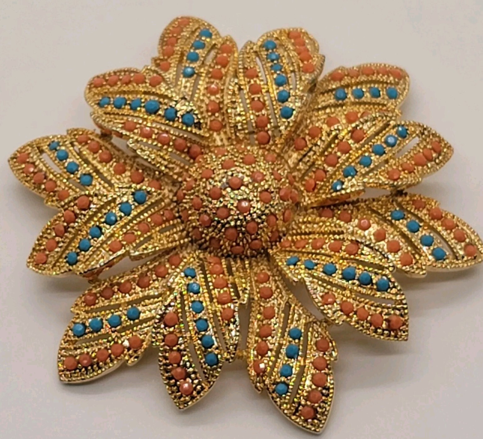 Vintage Gold Tone Pink Peach And Blue Beaded Large Sunflower Brooch