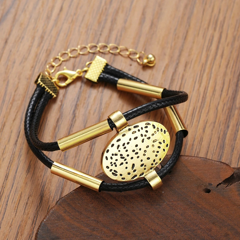 2pcs Vintage Oval Necklace Bracelet Set Gold Silver Faux Leather Chain – NEW