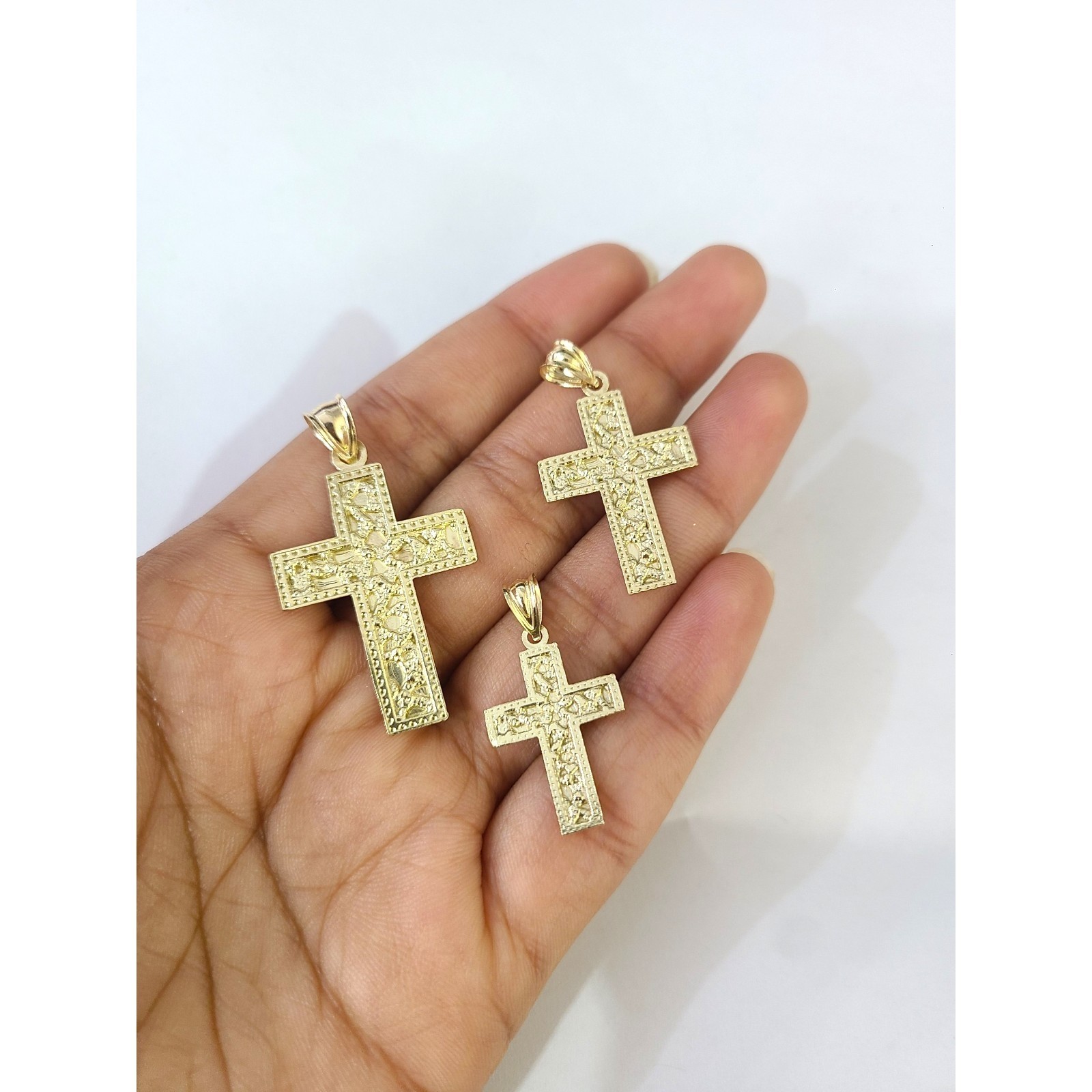10K Yellow Gold Nugget Jesus Cross Charm Pendant Unisex Small Medium Large