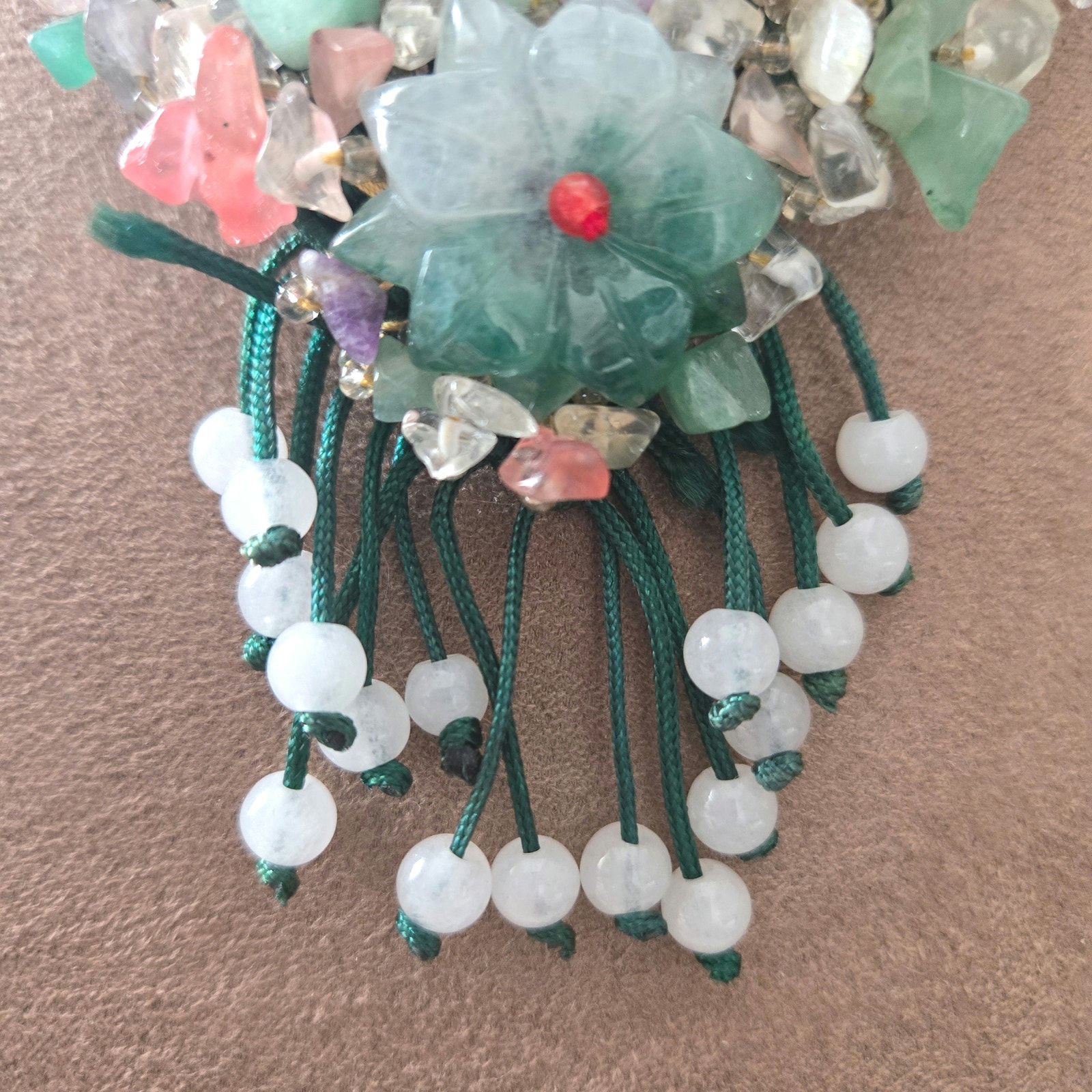 Vintage Semi- Precious-stones Floral Beaded Green Macrame Adjustable Necklace