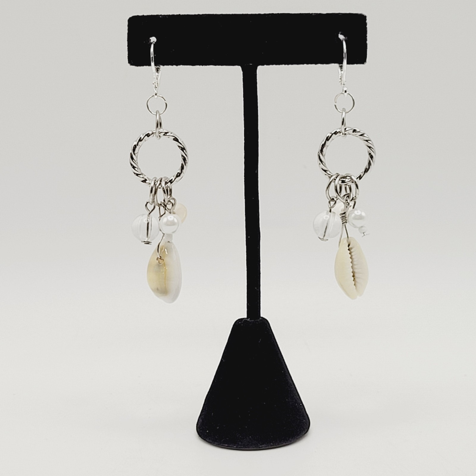 Handcrafted Boho Cowrie Shell Dangle Earrings Silver Tone Cluster Beaded Coastal