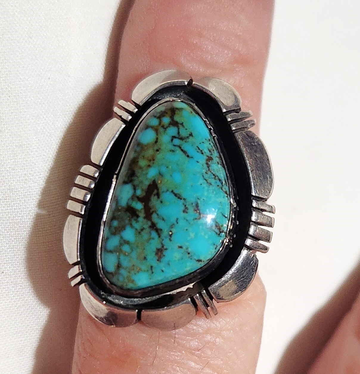 Artist Signed Platero Navajo Morenci Turquoise Shadow Box Sterling Silver Ring