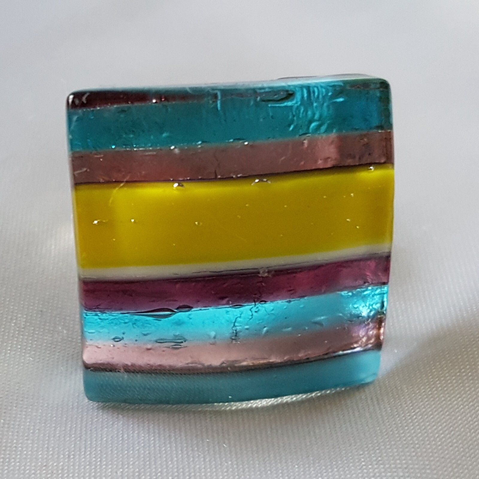 Ring ~ Blue, Brown, Yellow Stripes ~ Glass & Chrome ~ UK Size M 1/2 (Adjustable)