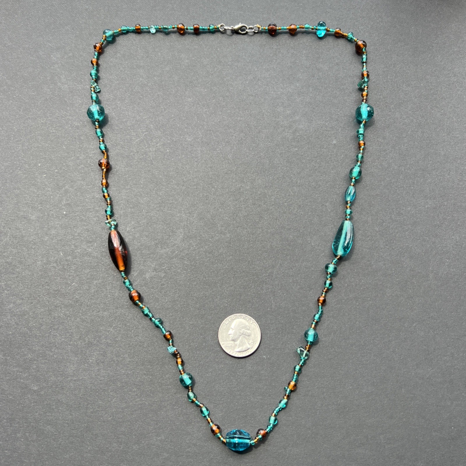 Vintage Amber Turquoise Glass Bead Necklace 28”