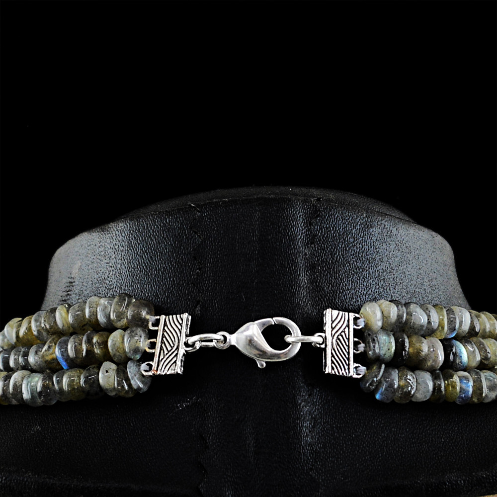 465.00 Cts Natural 3 Strand Blue Flash Labradorite Round Beads Necklace (DG)