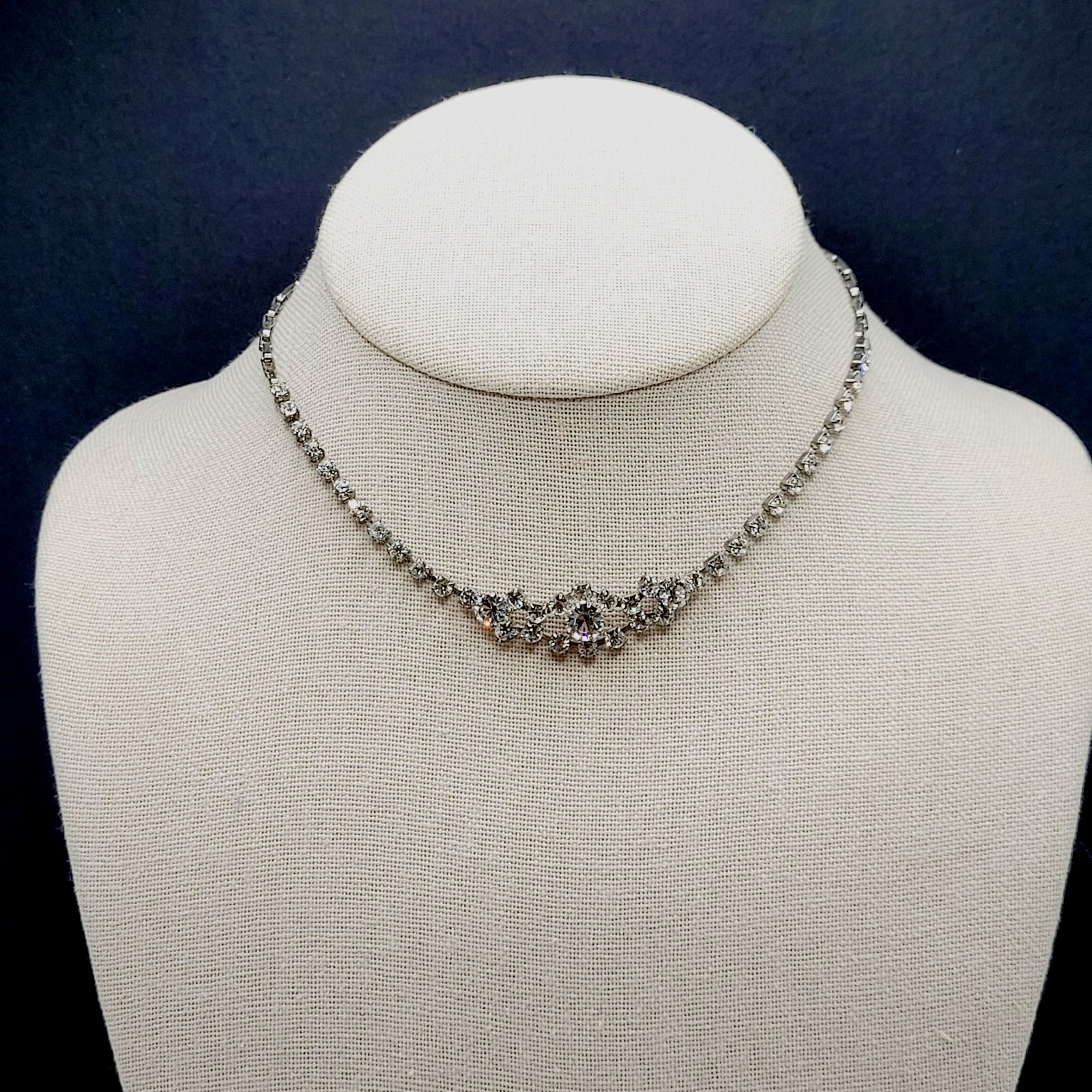 Dainty Rhinestone Choker Collar Art Deco Eye Part Chain Vintage Necklace 15 Inch