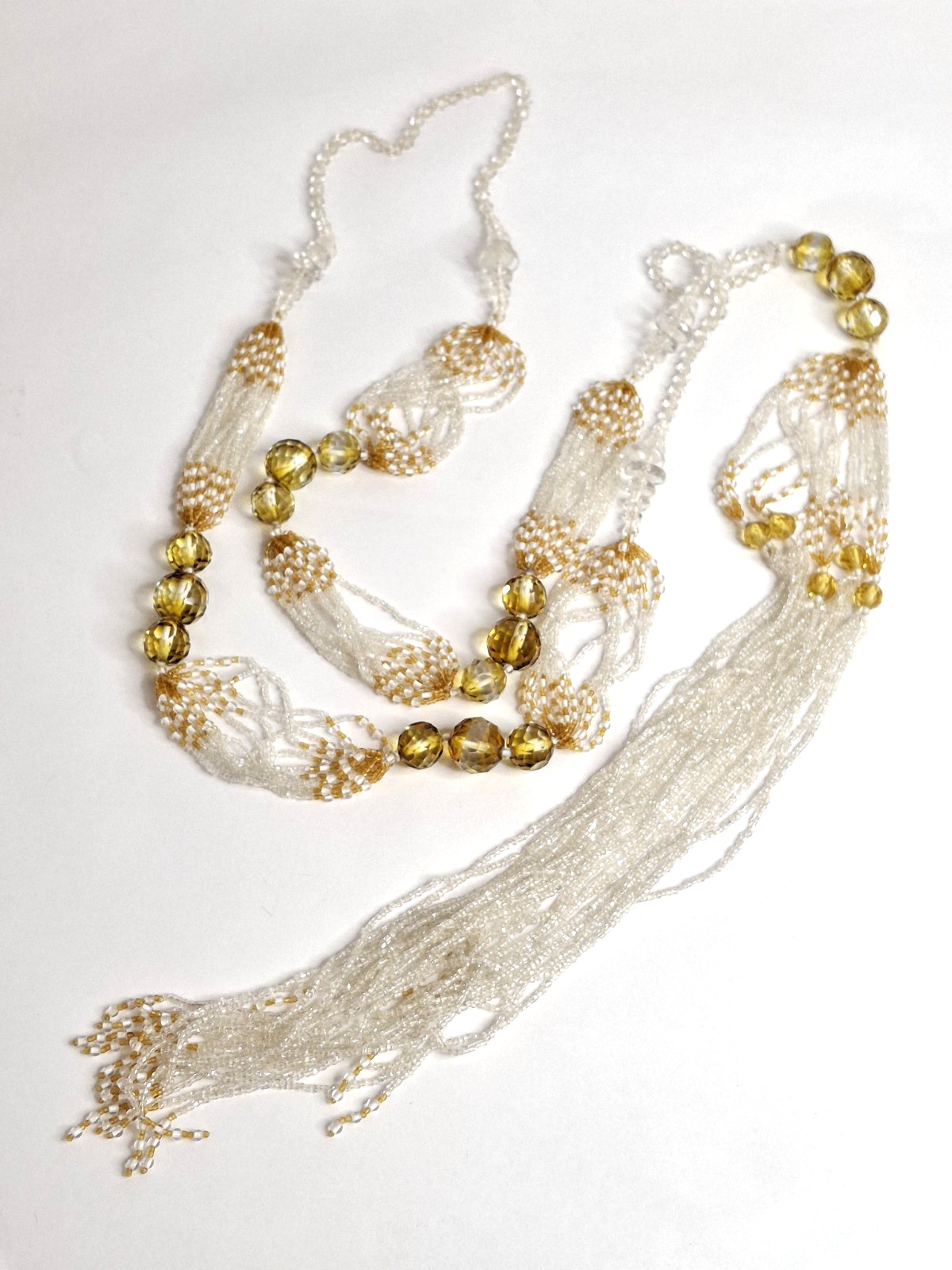 Vintage Glass Bead Sautoir Necklace Clear Flapper Art Deco Tassel Fringe 52”