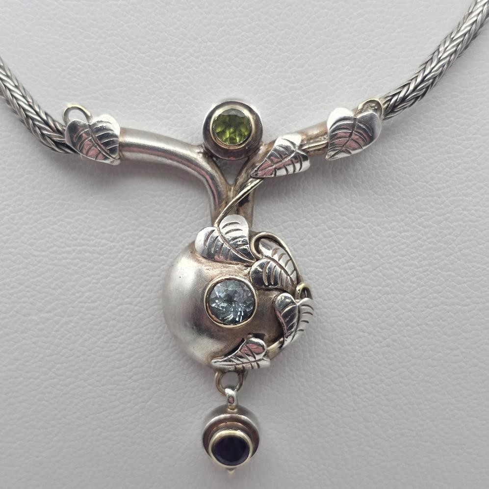 925 Sterling Silver & Gold Accent Multi-Gemstone Leaf & Vine Toggle Necklace