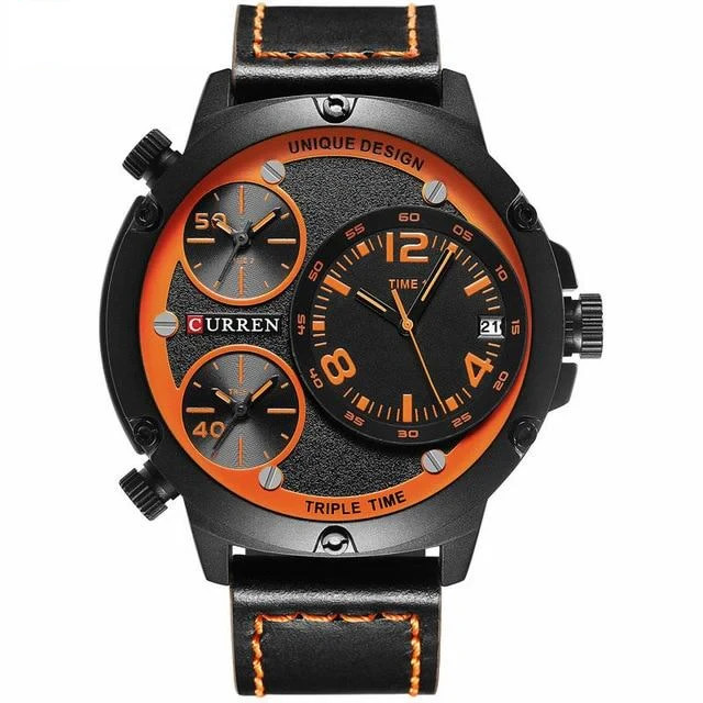 CURREN Mens Triple Time Zone Watch Black Orange Leather Strap Date Quartz