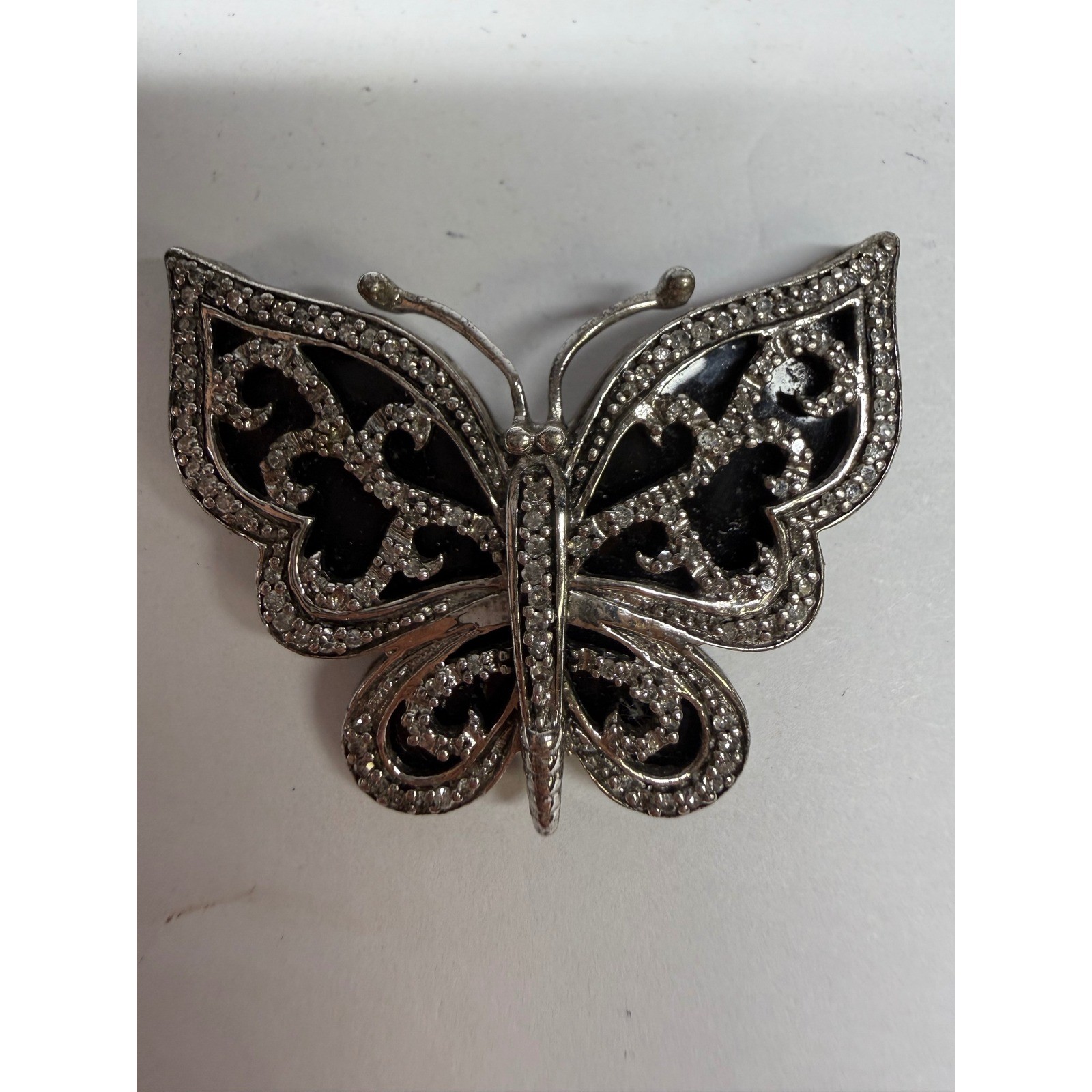 Vintage 925 Sterling Silver Butterfly Slide Pendant Marcasite Filigree Inlay