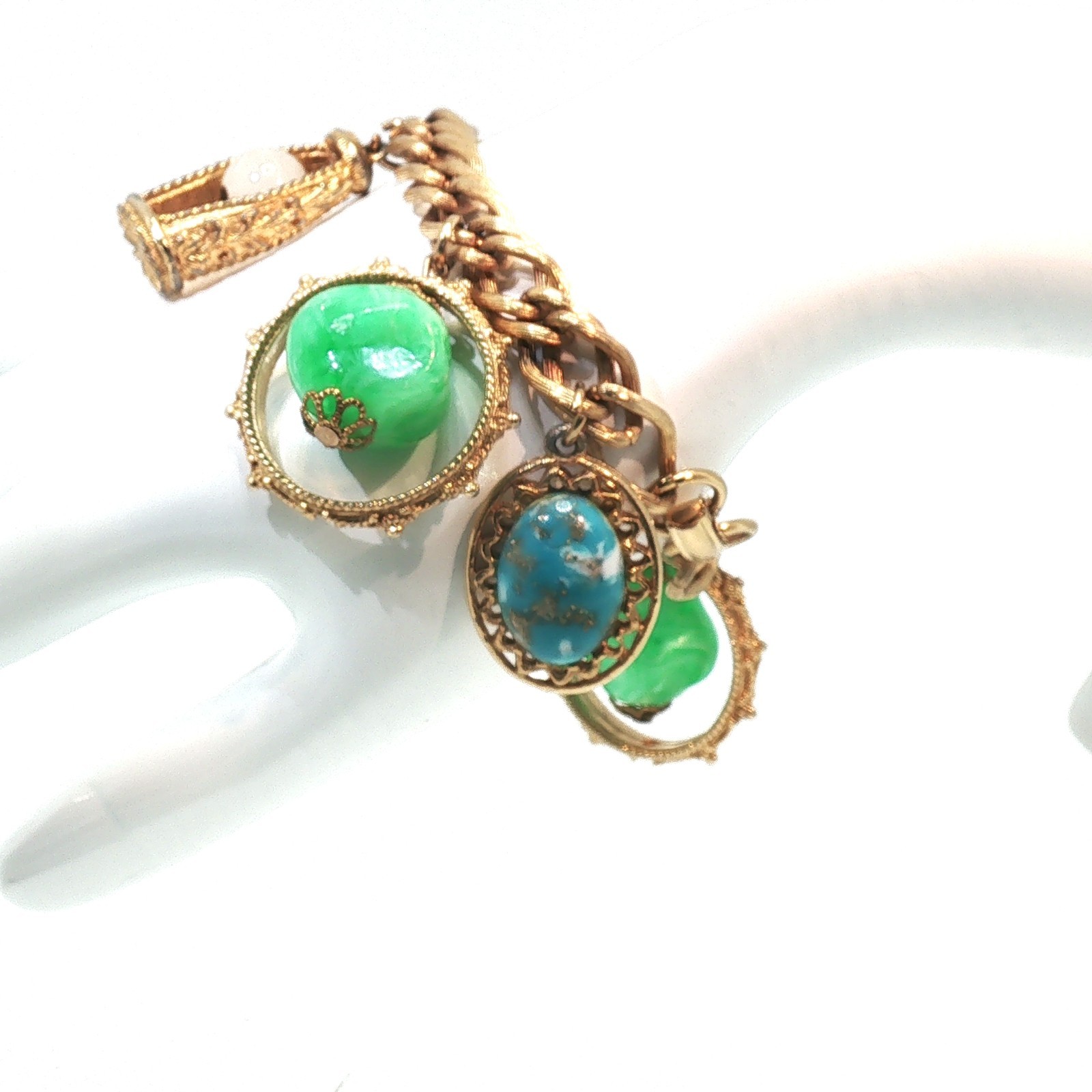 Vintage Etruscan Revival Charm Bracelet Gold Tone Curb Chain Fob Lantern 50s 60s