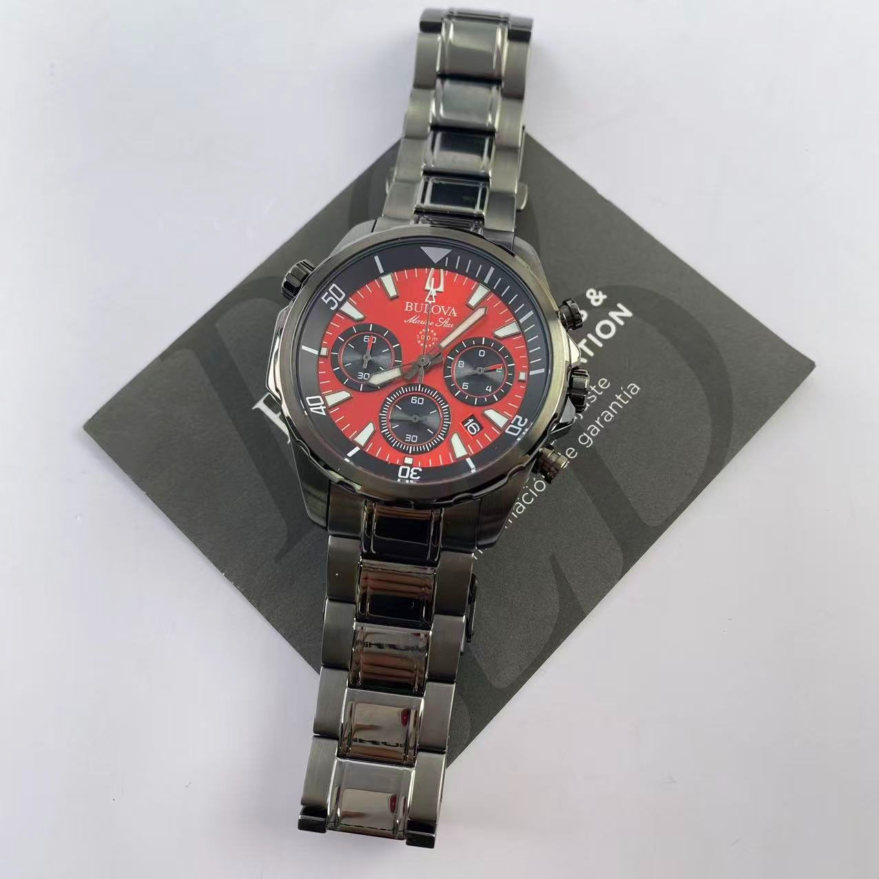 New Bulova Marine Star 98B350 Red Dial Men’s Chronograph Quartz Watch 43 mm