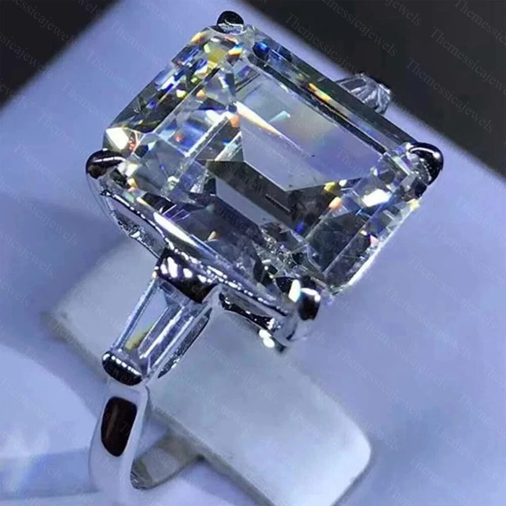 9.0TCW Emerald Cut Moissanite 3-Stone Engagement Ring In 14k White Gold Plated
