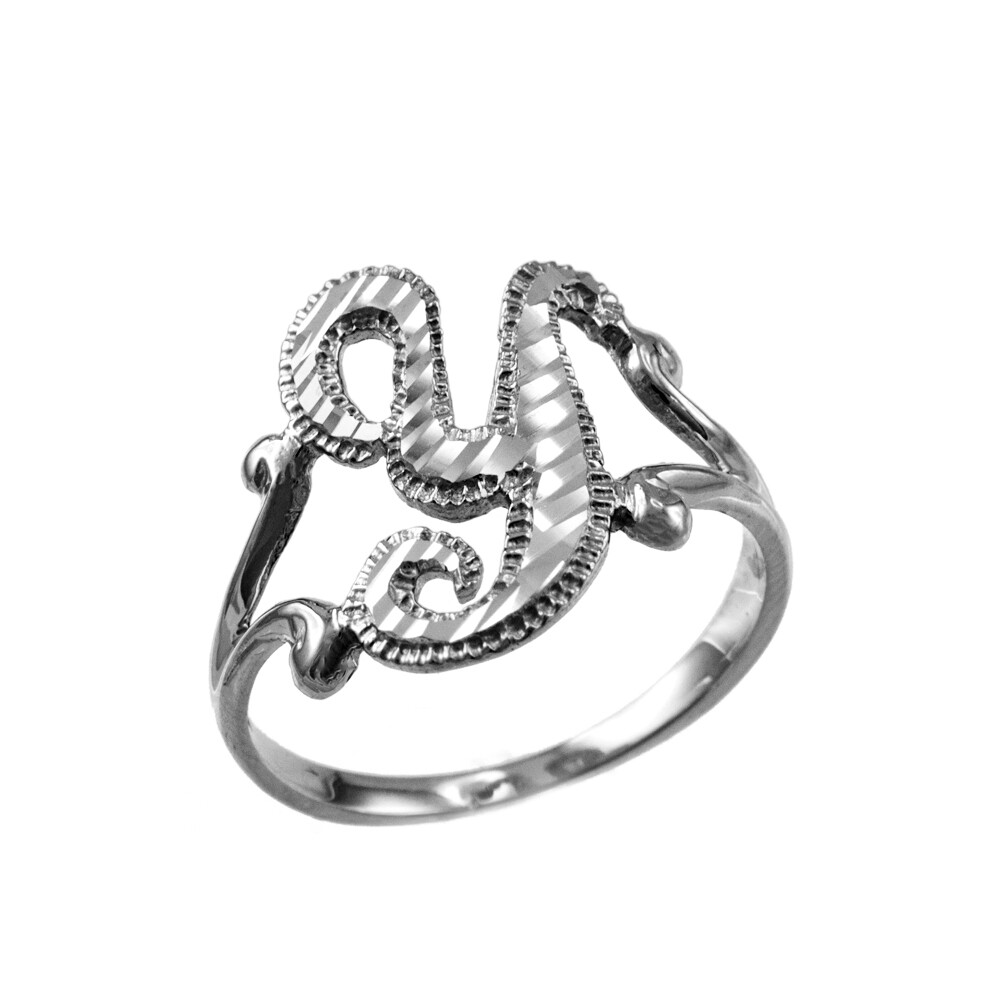 Elegant Sterling Silver Sparkle-Cut Cursive Letter Initial Script Ring for Women