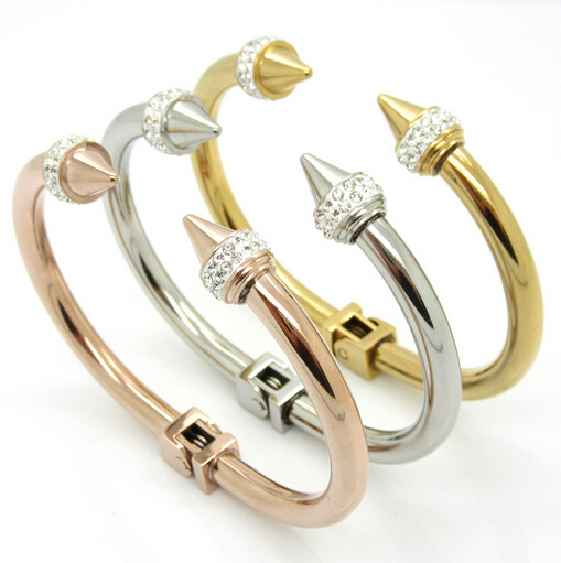 Pure Stainless steel Bracelet Women / Lady Cuff Open Bangle Rivet Nail Crystals