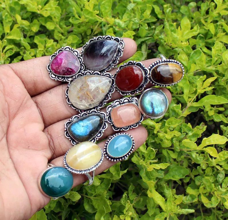 Multi Gemstone Crystals Rings, 925 Silver Plated Minimal Rings, Beach Jewelry