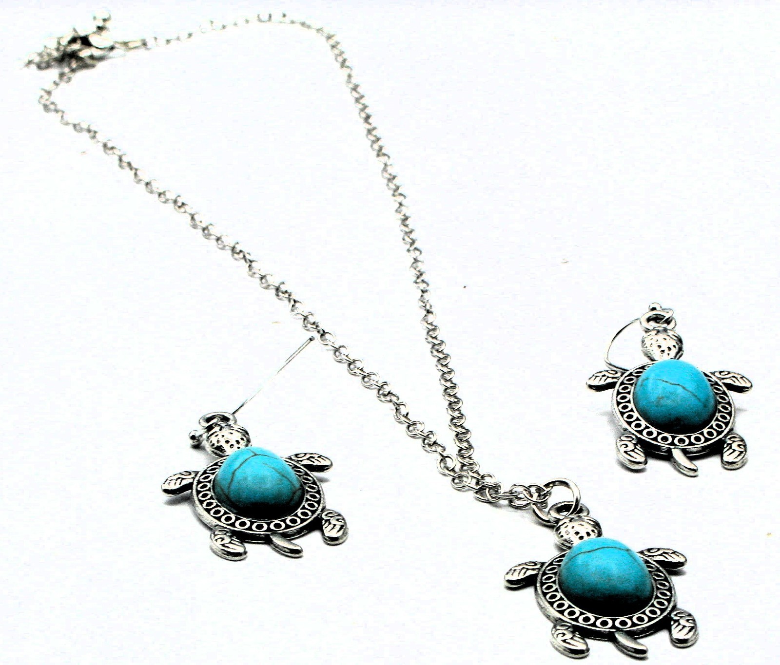 Silver Tone Turtle Necklace and Earring Set, Turquoise Stone, 16.5″ & Extender