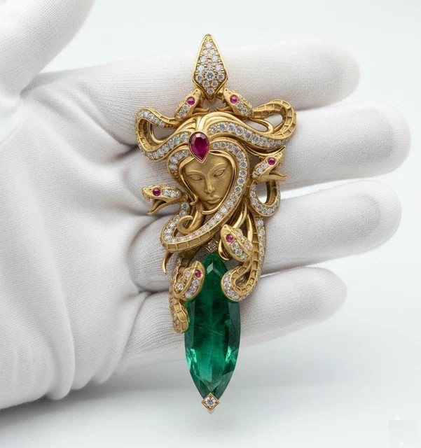 Lab-Created Emerald 4.50Ct Marquise Cut Medusa Pendant 14K Yellow Gold Plated