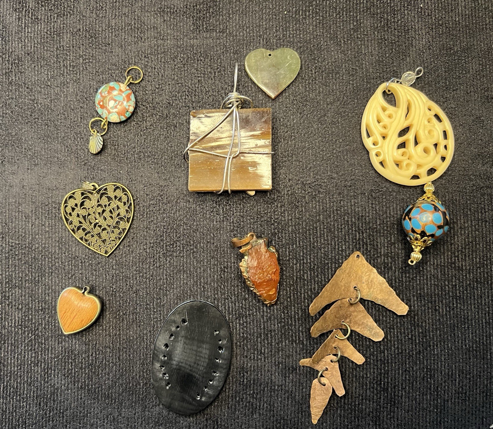 10 Pc Artisan Pendant Lot Abalone Shell Copper Stone Hearts Handmade Mixed
