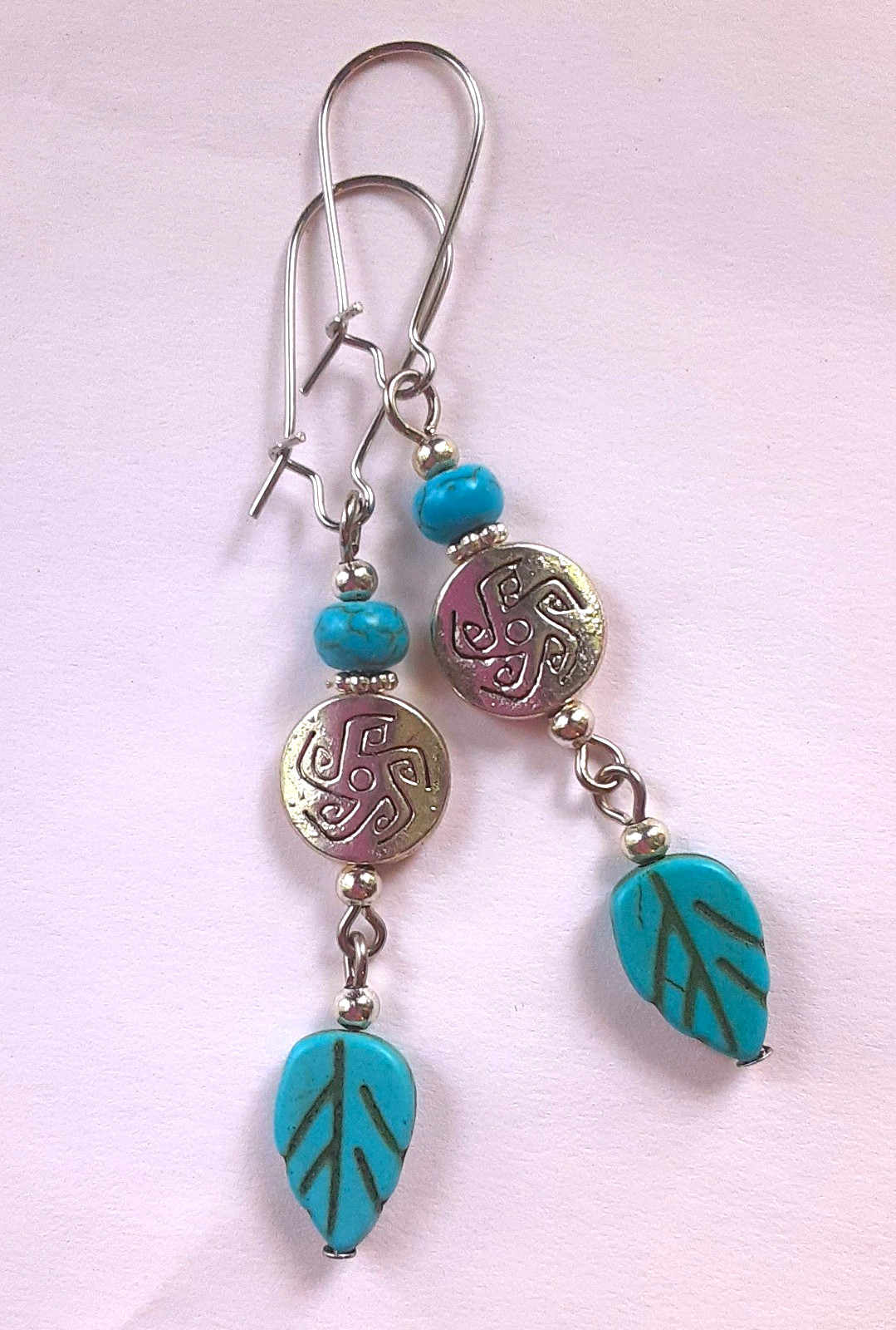 BLUE HOWLITE LEAF Medallion earring KIDNEY WIRE handcrafted SP #DMX