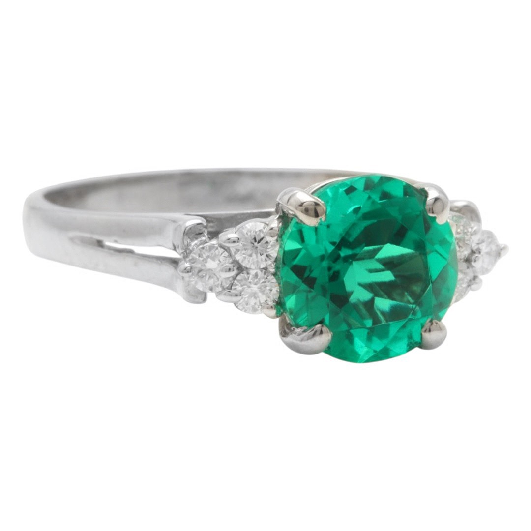 10K Solid White Gold Chatham Lab Created Emerald and Diamond Ring