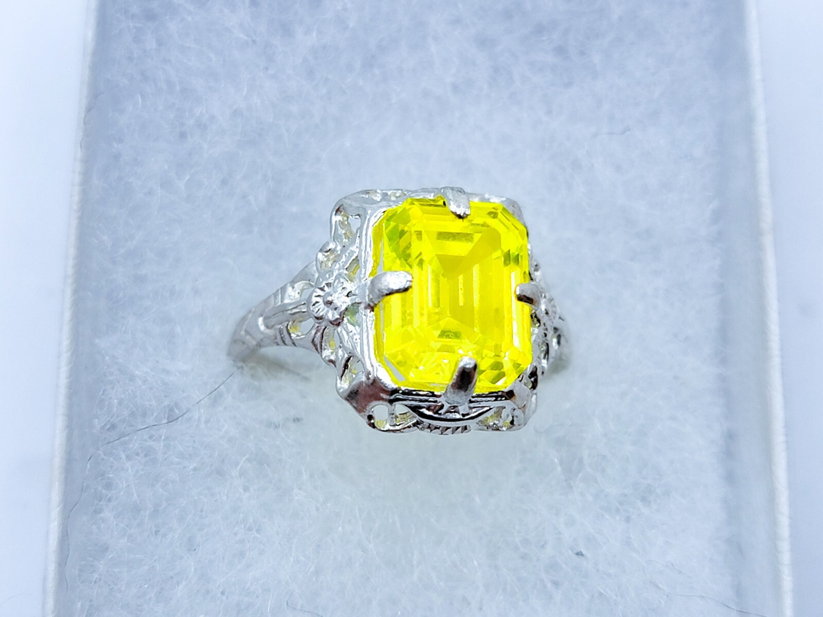 Sterling YAG Ring UV Yellow Yttrium Aluminum Garnet Emerald Cut Floral Filigree
